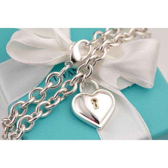 Tiffany & Co. Heart Lock Necklace Thick 16" Chain 18k Gold Sterling Silver - Picture 4 of 8